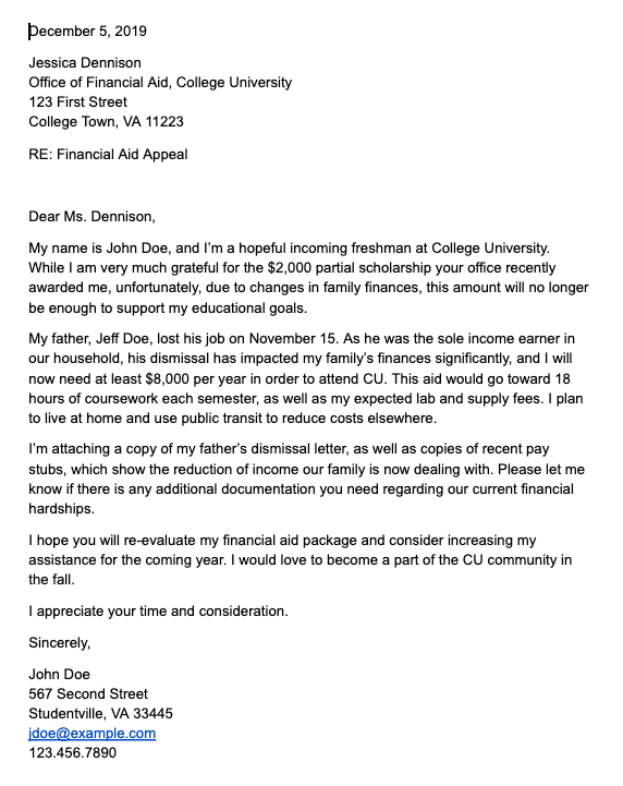 Example Financial Aid Appeal Letter from lendedu.com