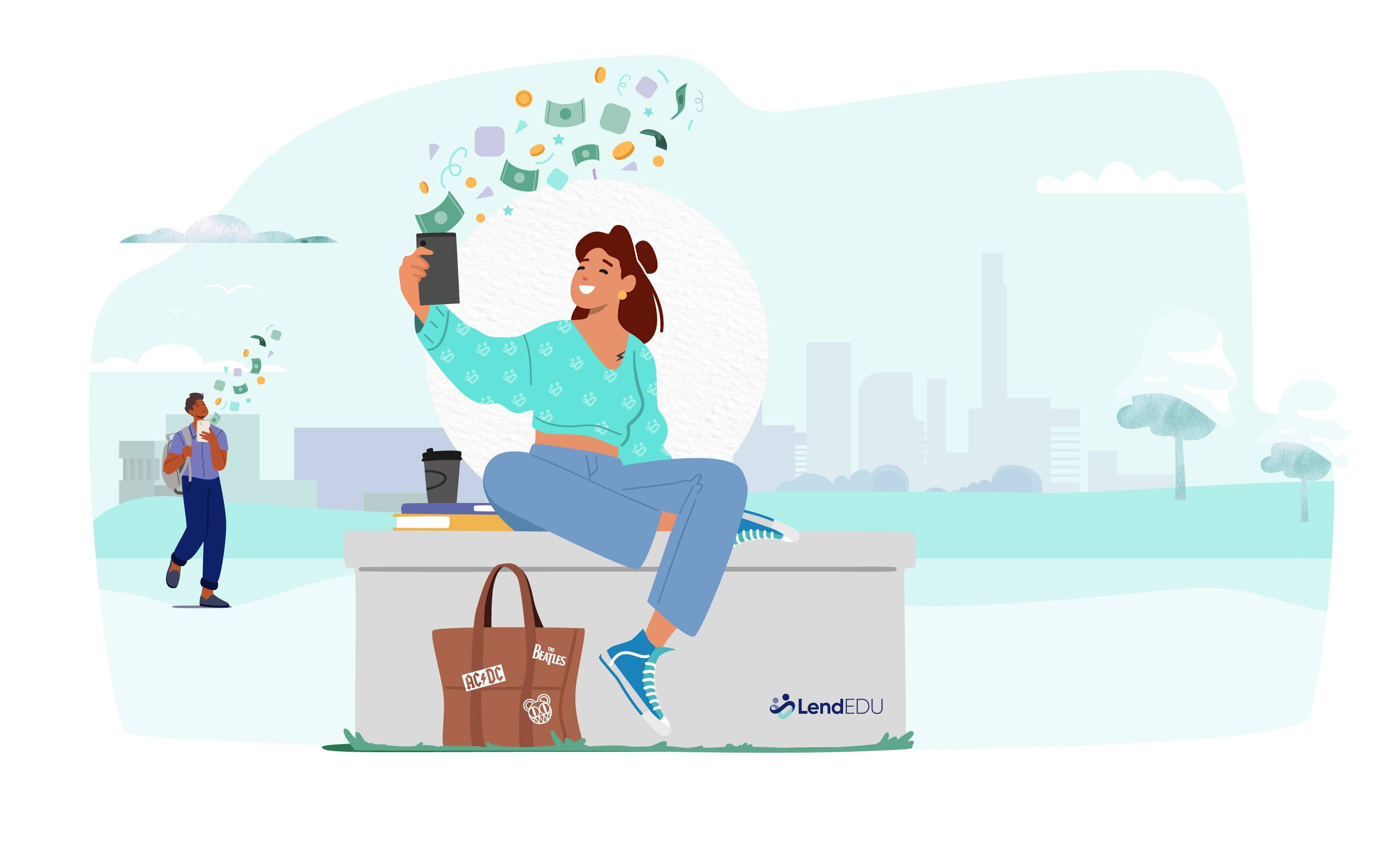 Illustration of woman sitting with money flying around her.