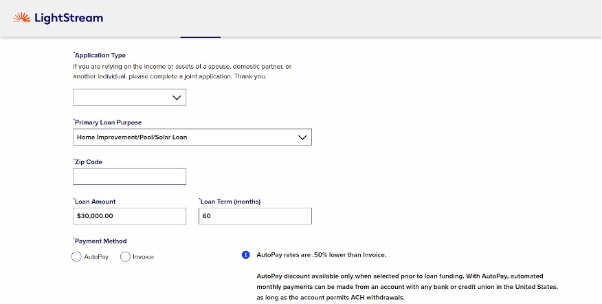 Screenshot of LightStream personal loan application