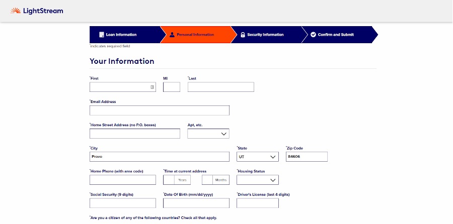 Screenshot of LightStream personal loan application - personal information portion
