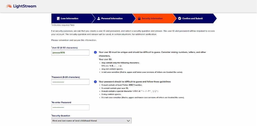 Screenshot of LightStream personal loan application - security information portion
