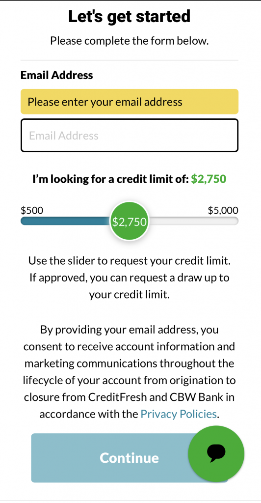 A second screenshot of the CreditFresh application