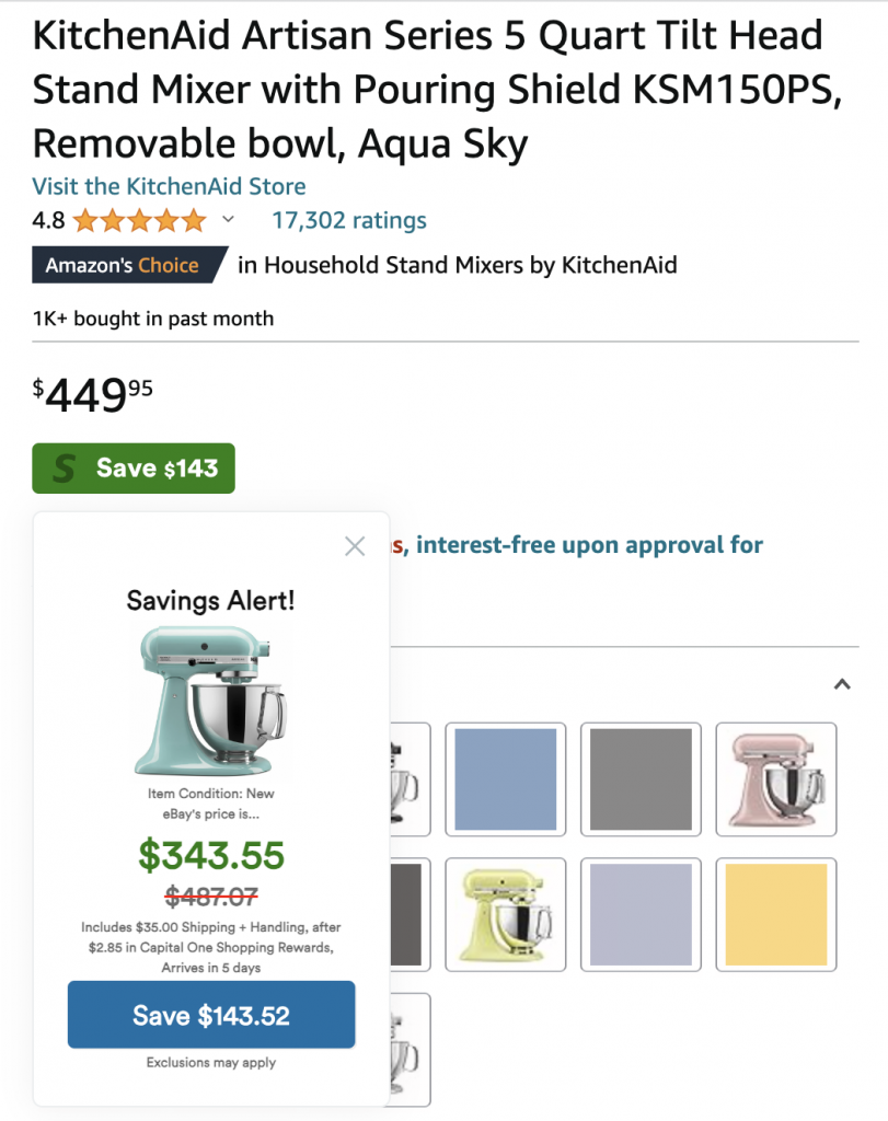 Screenshot of Amazon integration for price comparison