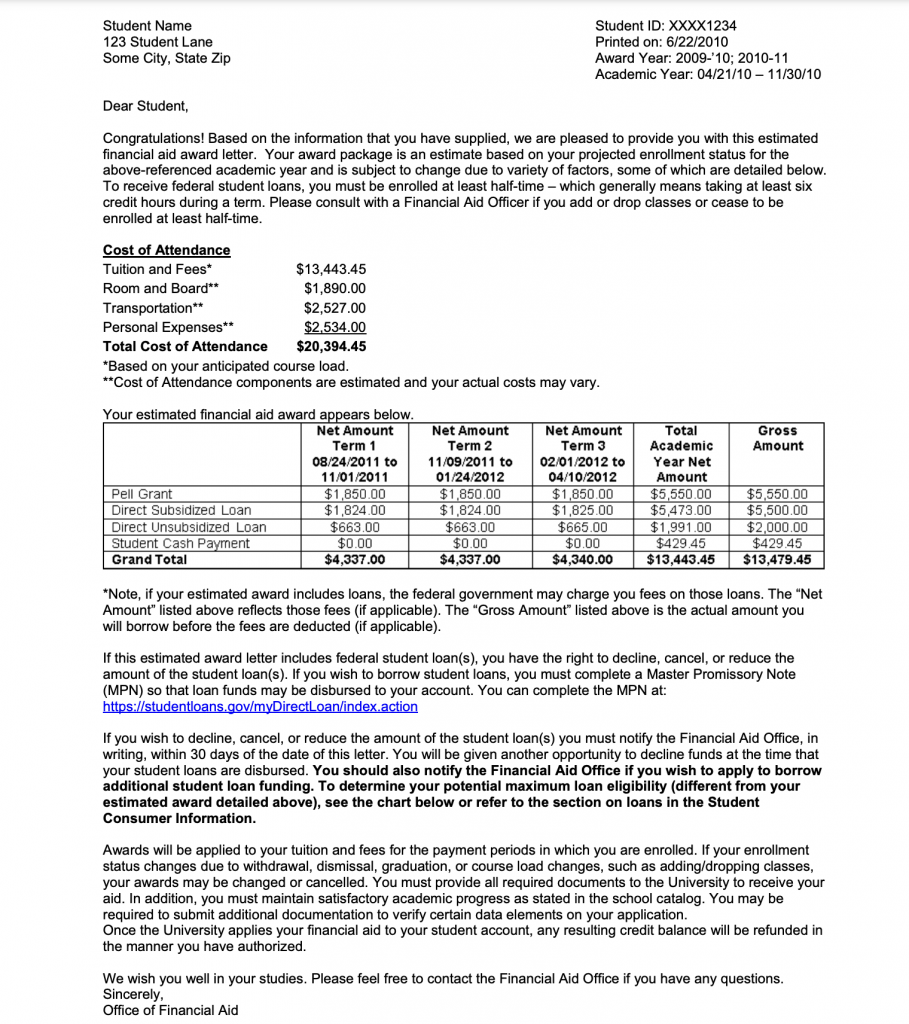 A sample financial offer letter provided by the Department of Education detailing the hypothetical amount of financial aid a prospective student is entitled to. 