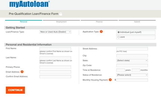 Prequalification form for MyAutoLoan application