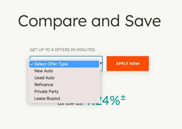 Select offer type to apply for MyAutoLoan auto loan or refinance