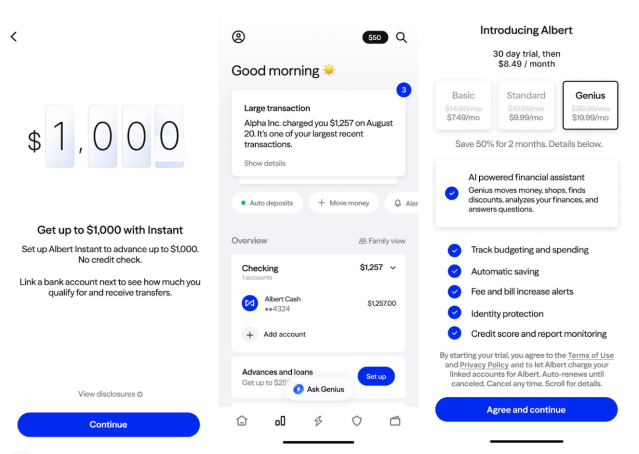 Albert screen, "Get up to $1,000 with Instant"