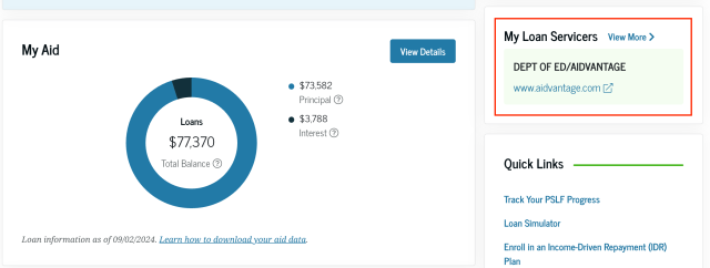 Image from FSA website shows a borrower's loan breakdown with a message to the right indicating that Aidvantage is the loan servicer