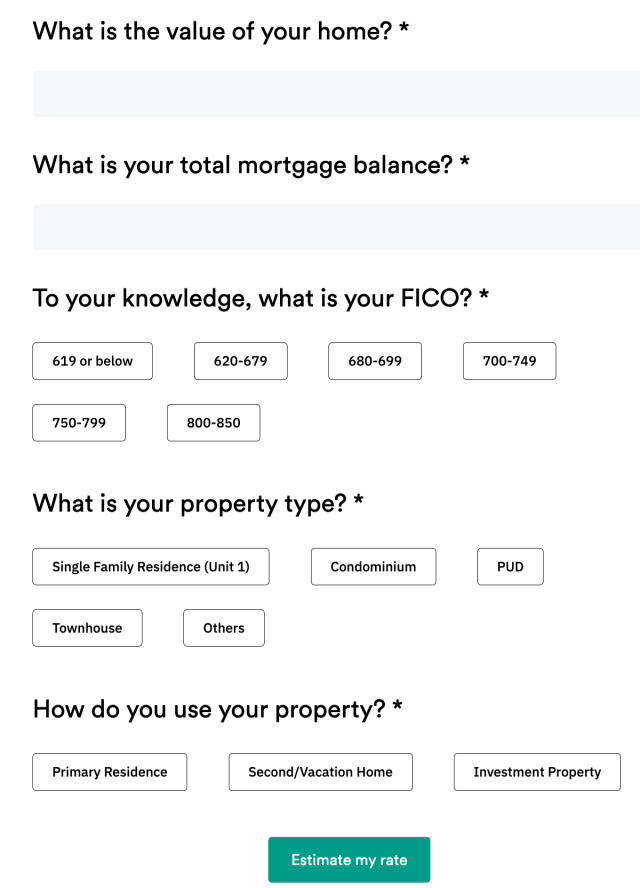 Unison asks for home value, total mortgage balance, estimated FICO, property type, and property use.