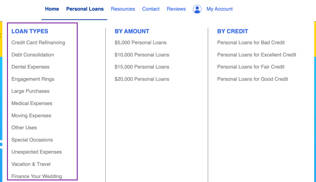 Screenshot from website listing many loan uses, such as credit card refinancing, debt consolidation, dental expenses, and engagement rings