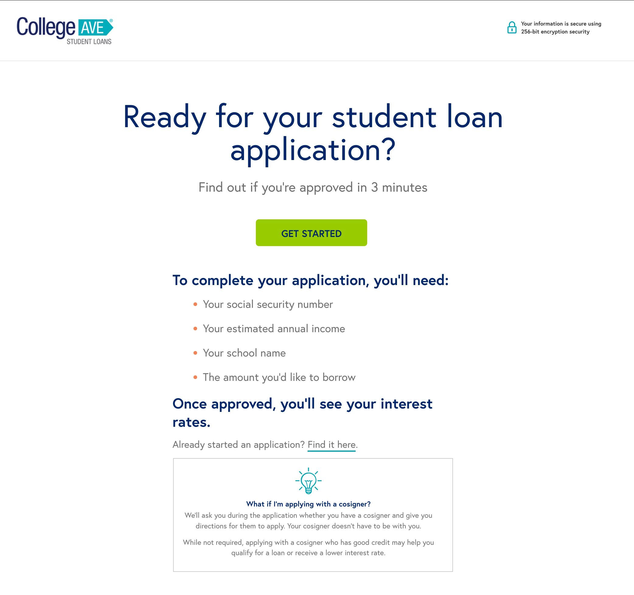 College Ave student loan application - getting started screen