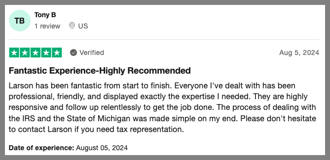 Positive customer review for Larson Tax Relief