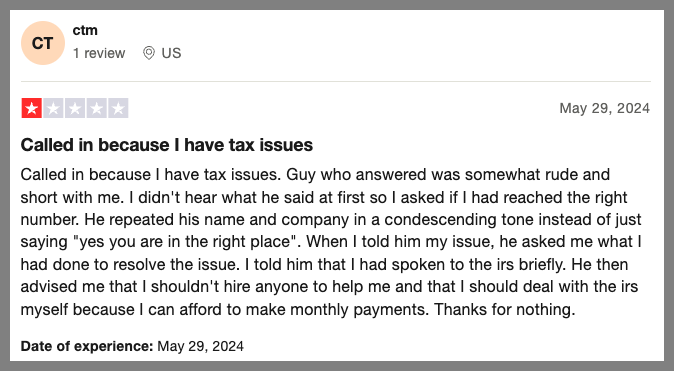 Negative customer review for Larson Tax Relief