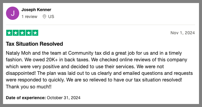 Positive customer review for Community Tax