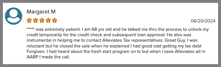 Positive customer review for Alleviate Tax