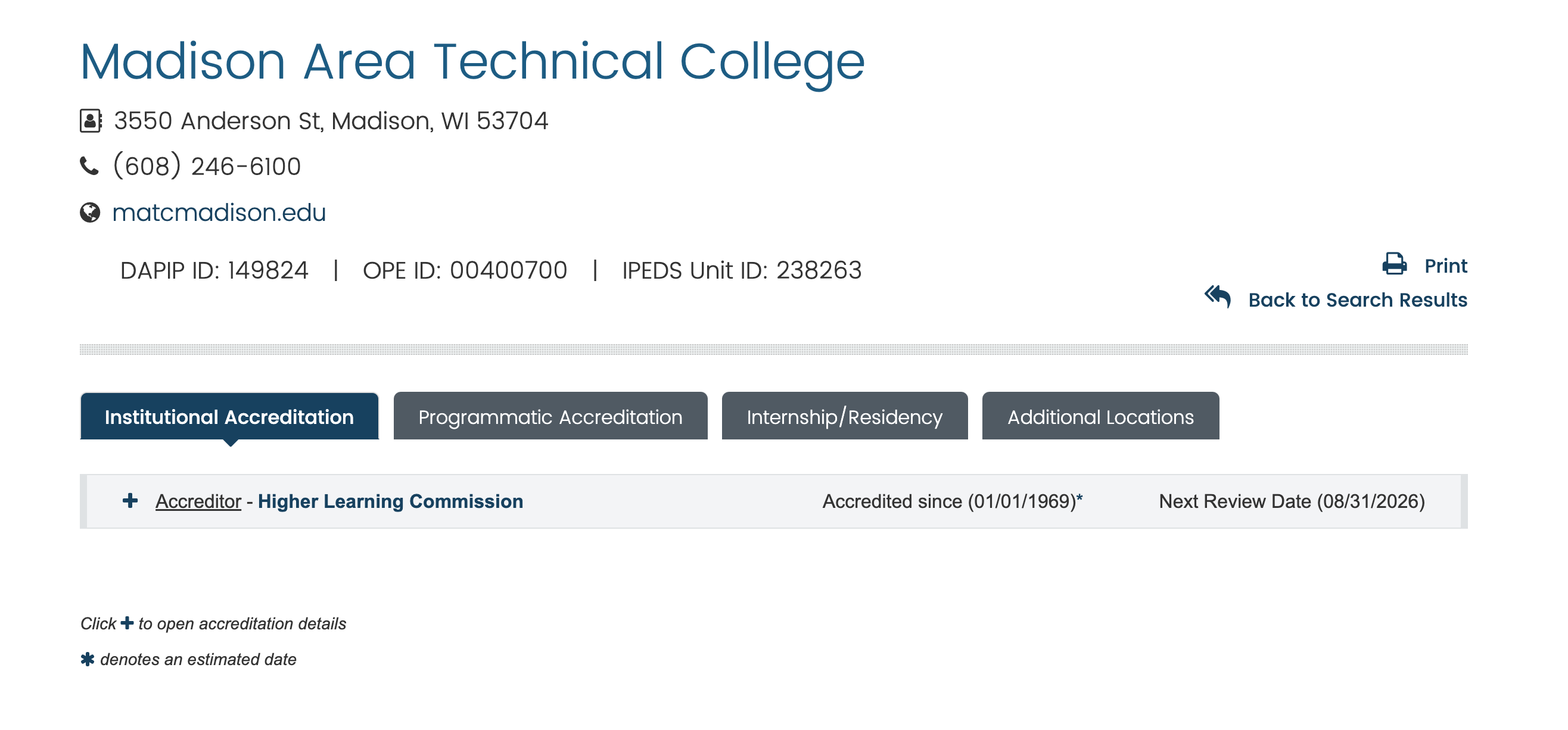 School accreditation information on DAPIP