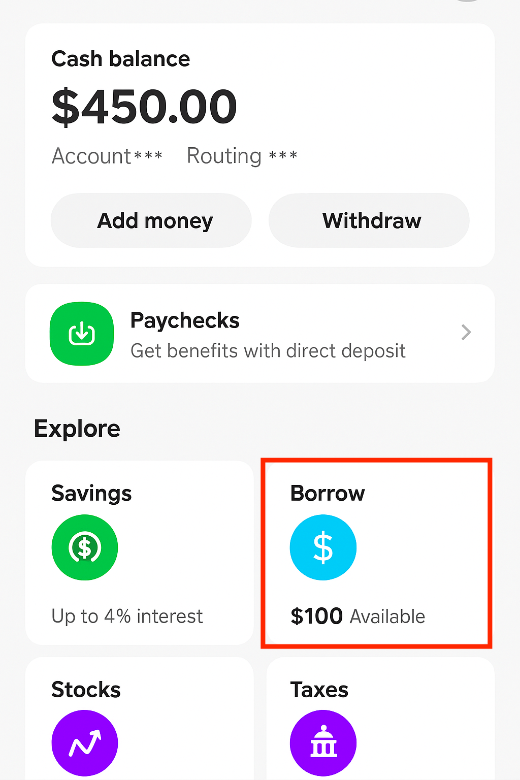 Cash App shows "Borrow" pane under "Explore"