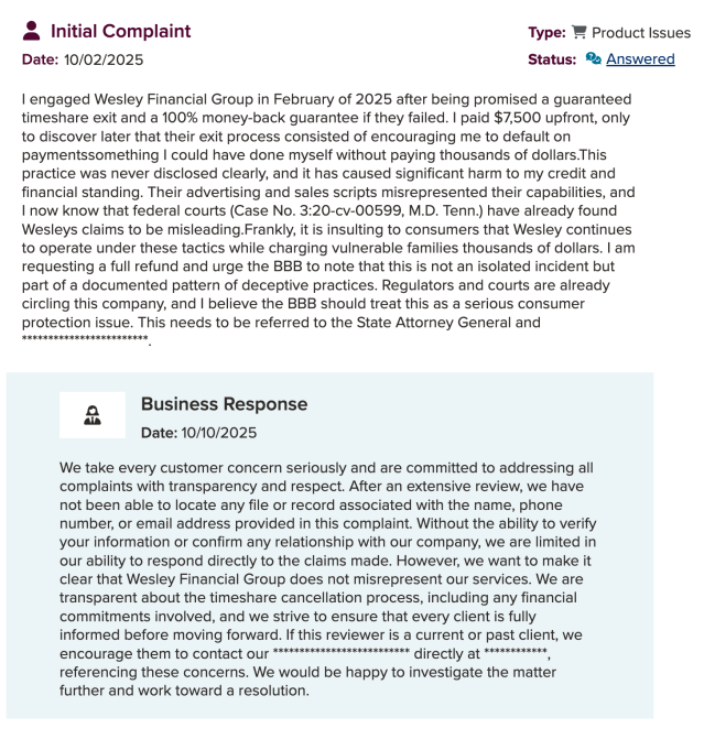 BBB complaint about Wesley encouraging the individual to default on payments