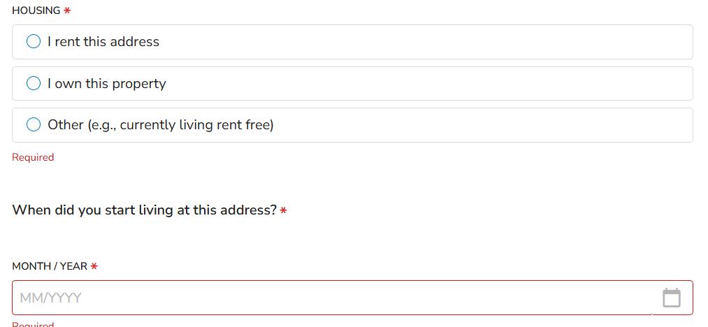 Filo application pages with housing options: I rent this address, I own this property, or Other, and "When did you start living at this address?"