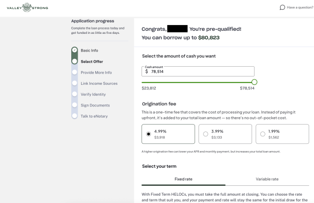 Message from Valley Strong, "Congratulations! You're prequalified!" and the option to borrow as much as $80,000.