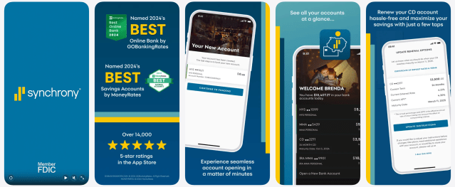 Screenshots of the Synchrony Bank mobile app showing savings and CD management features, mobile check deposit, account balances, and in-app support tools.