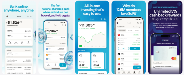 Screenshots of the SoFi mobile banking app showing account balances, transfers, and budgeting features