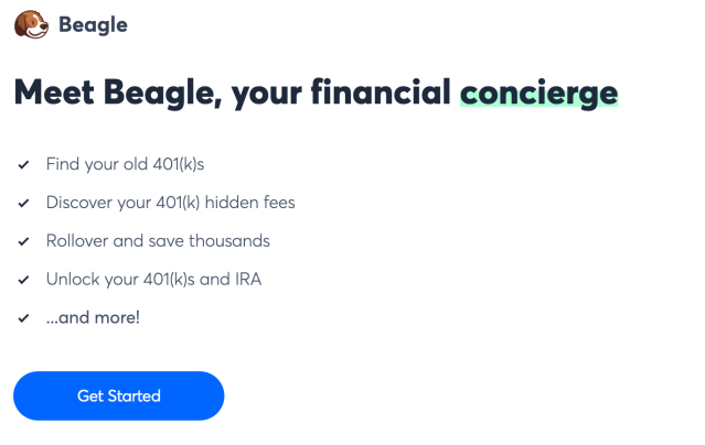 Screenshot of the Beagle website homepage showing the “Meet Beagle, your financial concierge” page with options to find old 401(k) accounts, discover hidden fees, and roll over retirement funds.