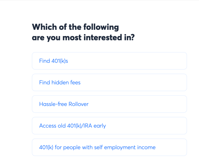 Screenshot of the Beagle website asking users which service they want, with options such as find old 401(k)s, find hidden fees, and complete a rollover.